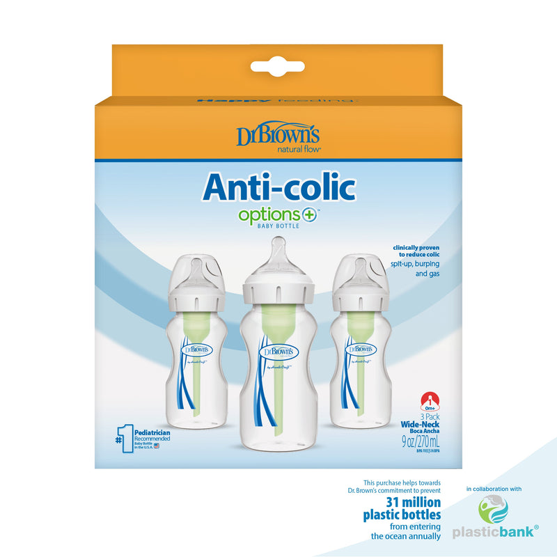 Dr. Brown's Anti-Colic Wide-Neck Options+ Baby Bottle 0m+ - 9oz/3pk