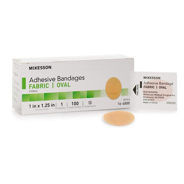 McKesson Sterile Tan Fabric Adhesive Oval Bandages -  1 X 1-1/4 Inch -  100 per Box - Senior.com Bandages